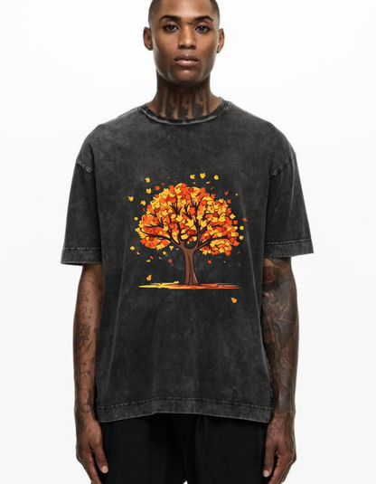 Oversized Acid Wash T-Shirt with Unique Tree Design