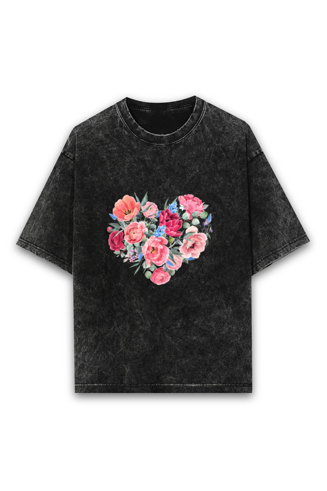 Acid Wash Oversized T-Shirt with Heart & Rose Design