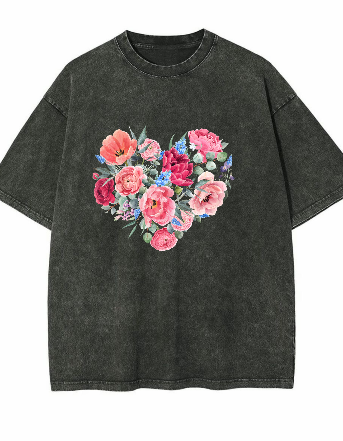 Acid Wash Oversized T-Shirt with Heart & Rose Design