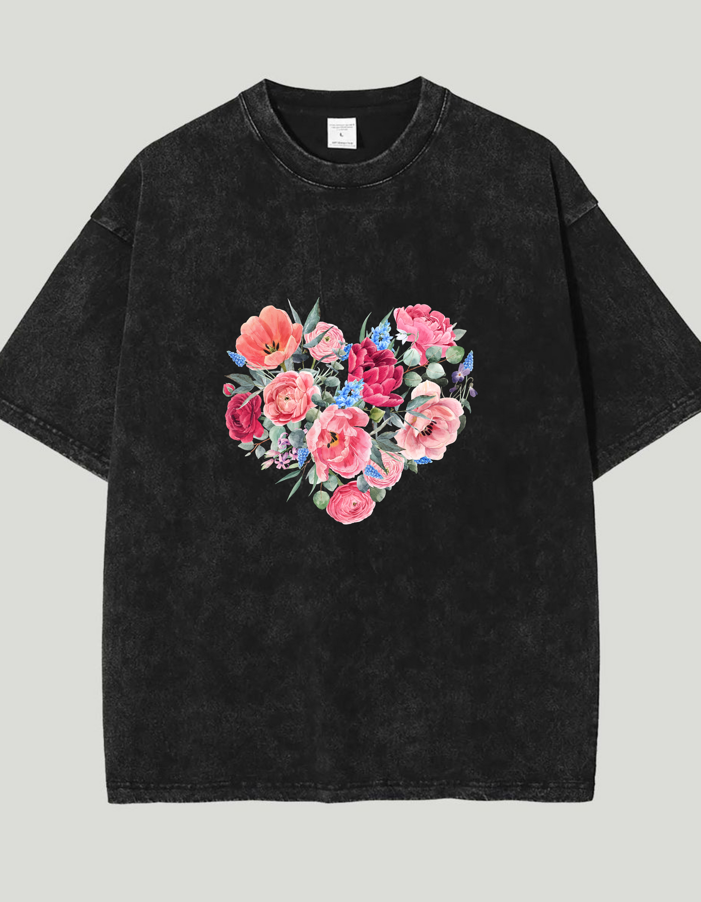 Acid Wash Oversized T-Shirt with Heart & Rose Design