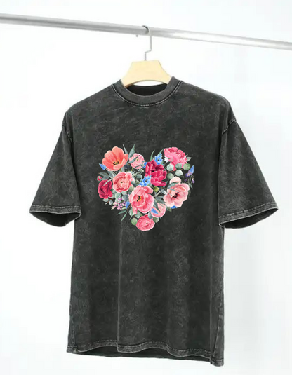 Acid Wash Oversized T-Shirt with Heart & Rose Design