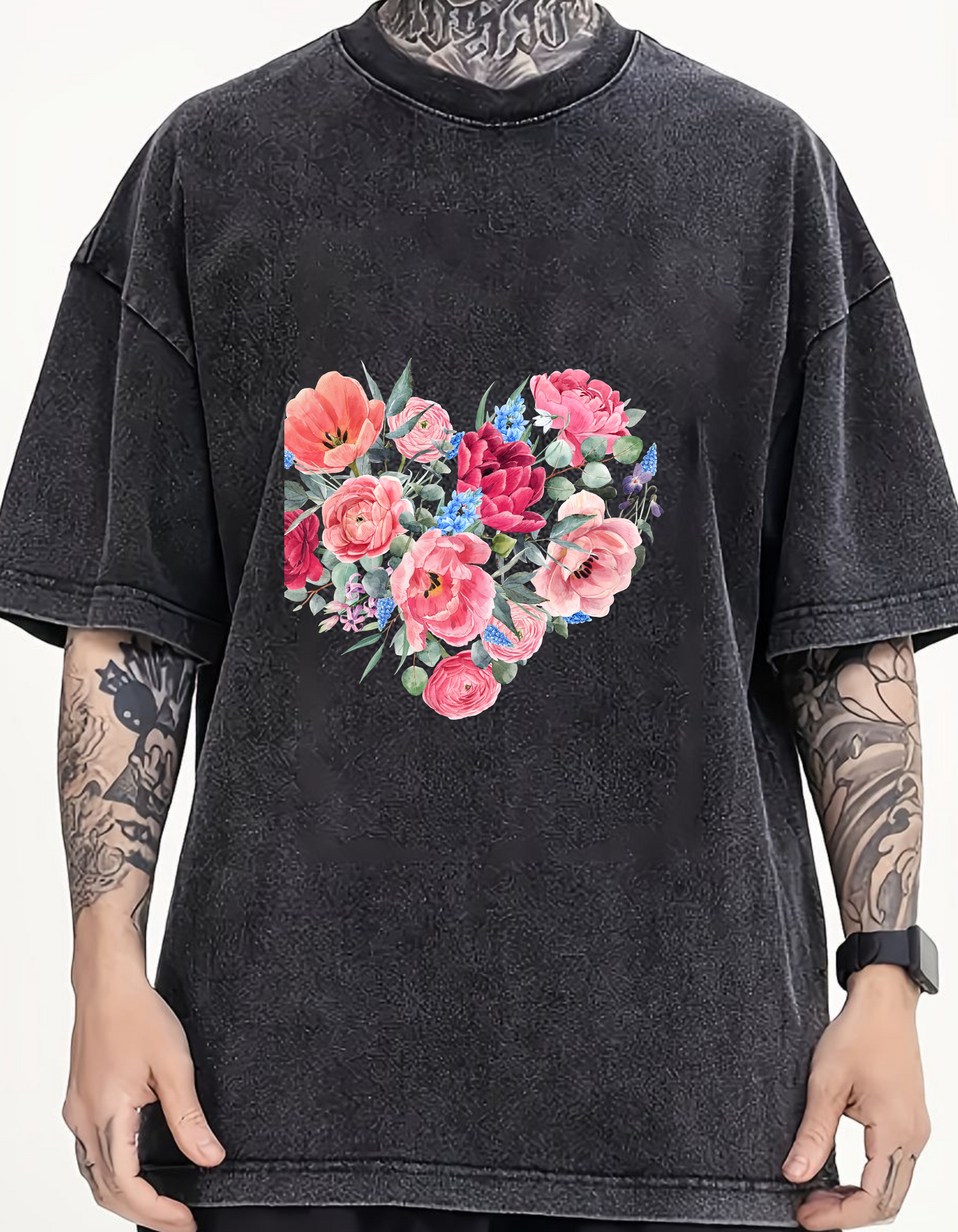 Acid Wash Oversized T-Shirt with Heart & Rose Design