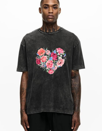 Acid Wash Oversized T-Shirt with Heart & Rose Design